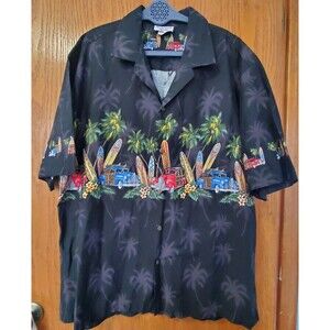 Pacific Legend Hawaiian Shirt‎ Tropical Scene Cars Black Men's Size 2XL Vintage
